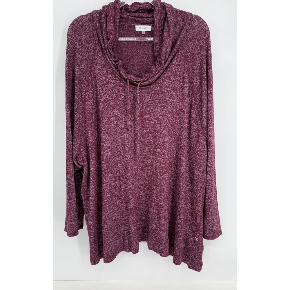 Calvin Klein Womens Sz 3X Burgundy Marl Cowl Neck Drawstring Pullover Top